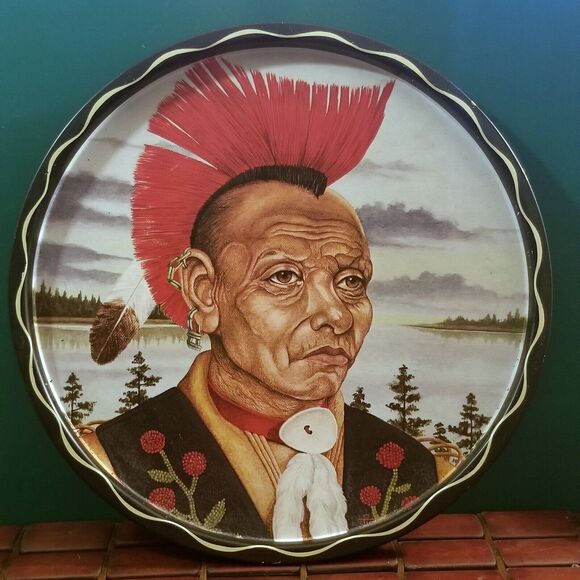 Vintage Native American Mohawk Indian Metal Cocktail Serving Tray 11" Diameter - Picture 1 of 5